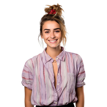 front view mid body shot of a demisexual individual in a button-up shirt with a messy bun, smiling isolated on a white transparent background