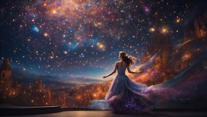 In a symphony of colors and shimmering lights, a majestic scene unfolds before our eyes: a vividly enchanting augmented reality overlay cascading with stars in a breathtaking concept painting.  - obrazy, fototapety, plakaty