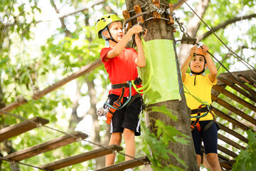 Child in forest adventure park. Kids climb on high rope trail. Agility and climbing outdoor...