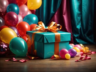 gift box colorful balloon behind it. Generative AI