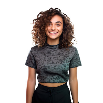 front view mid body shot of a non-binary person in a crop top with shoulder-length wavy hair, smiling isolated on a white transparent background