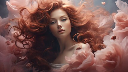 Strange picture of a woman in a foggy rose environment, her hair flowing reddish. Generative Ai.