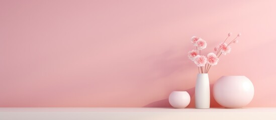 Elegant mock up for product presentation. Interior with with a beautiful framed pink abstract poster and vases with a plant against a Pastel Color wall