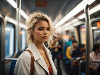 young women with blonde hairs standing in the train. Generative AI