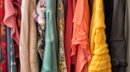 Organized closet, tidy, colorful, textile textures. 