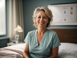 Female senior woman taking rest at hospital bed. Generative AI