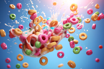 Food concept. Breakfast cereal loops with milk. Commercial style, vivid colors. Background with copy space - obrazy, fototapety, plakaty