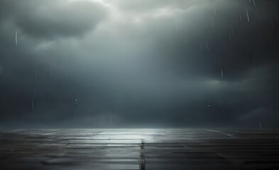 Obraz na płótnie Canvas Rain pelting down on the landscape beneath the dark clouds Wet sidewalk blocks Roadside