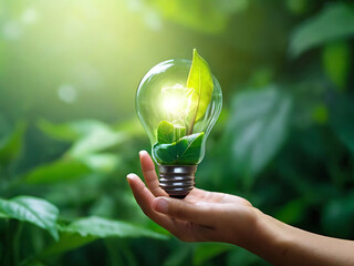 Hand holding light bulb against nature on green leaf, Organization sustainable development environmental and business responsible environmental, Energy sources for renewable