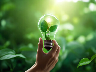 Hand holding light bulb against nature on green leaf, Organization sustainable development environmental and business responsible environmental, Energy sources for renewable