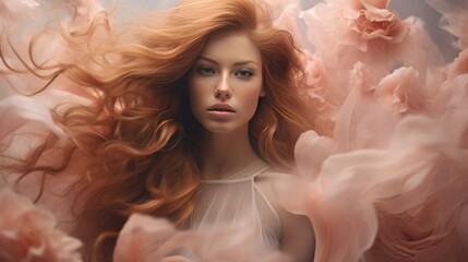 Strange picture of a woman in a foggy rose environment, her hair flowing reddish. Generative Ai.