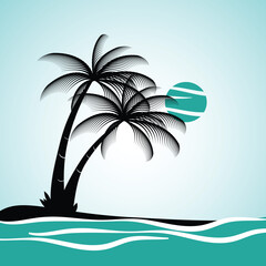 tropical island with palm trees, sea, beach view illustration, palm trees and beach view with sunset