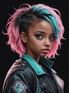 cute ethiopian girl, black background, pink turquoise short messy hair, looking at another point, illustration, wearing black leather jacket