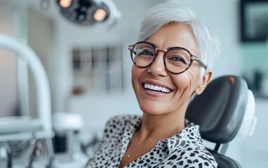 Cheerful mature woman wearing glasses and smiling while sitting in dental chair