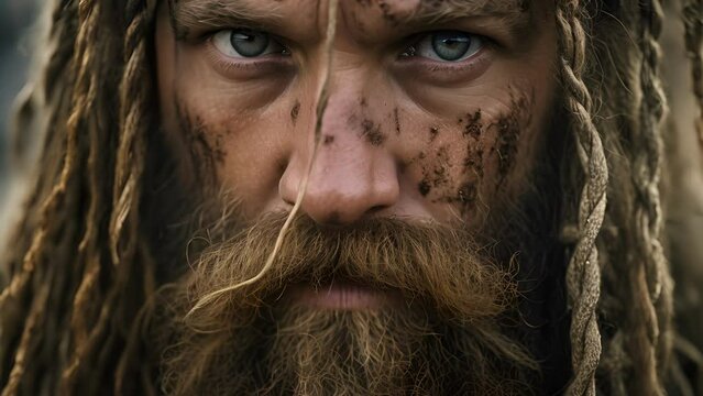A bearded face framed by two long, thick braids, symbolizing a connection to Viking ancestry and honoring their fallen forebears.