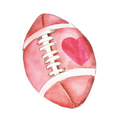 Watercolor illustration of American football ball isolated on background, American Super Bowl Clipart, Valentin's day concept.