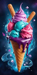 a vibrant ice cream poster inspired by the magic of sorcerers. colors that flow like liquid paint  and mystical potion