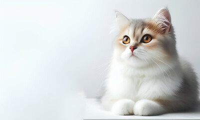 Fototapeta na wymiar Very cute young bicolor cat sitting straig ht Happy cute cat on white background, generative ai