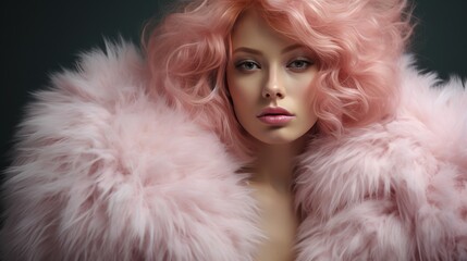 Fashion illustration of a lady wearing fluffy clothing and pastel pink hair. Generative Ai.