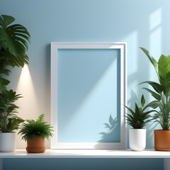 Stylish green houseplants with a white poster on the blue wall background. Modern room decor. Exotic houseplants for home decor. Home gardening concept. Copy space. Template