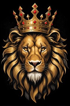 portrait of a lion, golden lion head with crown, lion king	
