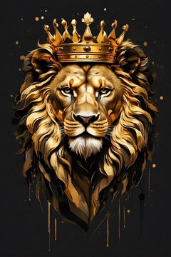portrait of a lion, golden lion head with crown, lion king	
