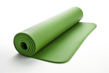 Green half rolled yoga mat isolated on white background