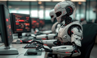 Fototapeta premium Robot sitting at desks using computer