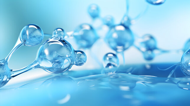 Abstract glass molecules floats in blue fluid background