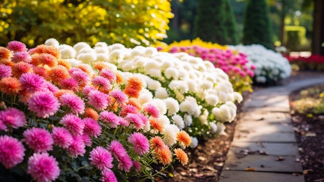 A serene garden with vibrant chrysanthemums AI Generated pictures
