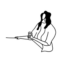 Modern, trendy and minimalistic fashion lady with coffee. Vector illustration in hand drawn outline doodle simple contour style isolated on white background. For presentation, poster, wrapping.