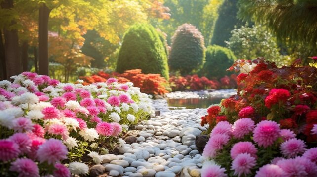 A serene garden with vibrant chrysanthemums AI Generated pictures