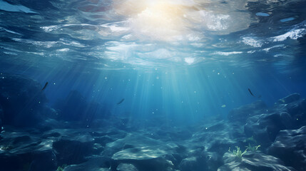 Fototapeta na wymiar Underwater ocean with blue sunlight rays
