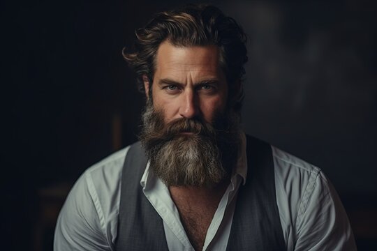 Portrait of a handsome mature man with long beard and mustache. Men's beauty, fashion.