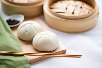 freshly steamed open bao buns on a cloth