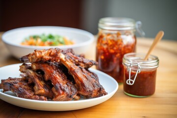 ribs alongside a jar of homemade bbq sauce