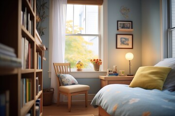 b&b bedroom with a reading nook by the window and a stack of books