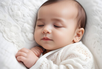 Portrait of a beautiful baby sleeping happily on white