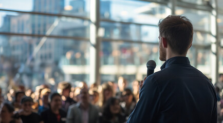 Fototapeta premium Man with microphone stands in front of an audience in a room or hall and gives a lecture - topic seminar, congress or symposium 