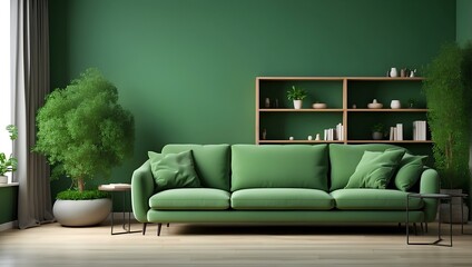 Scandinavian-inspired modern living room, a green sofa and chair are arranged against a matching green wall adorned with a bookshelf