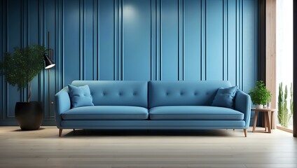 A minimalist loft home interior design of a modern living room featuring a blue sofa set against a paneling wall. The sleek and clean composition exemplifies a contemporary aesthetic
