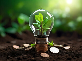 Light bulb is located on soil. plants grow on stacked coins Renewable energy generation is essential for the future. Renewable energy-based green business can limit climate change and global warming