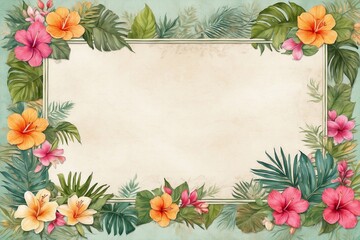 watercolor frame with tropical flair, floral notes paper, aged designs, copy space, perfect for cards, greetings, congratulations, wedding