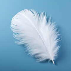 White fluffy feather on blue background. Flat lay, top view.AI.