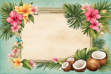 vintage watercolor frame with coconuts, delicate florals, aged paper, inclusive writing space, card framework