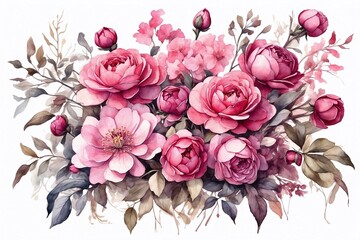 watercolor pink peony flowers set, design for wedding cards on white, perfect for greetings and invitations