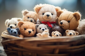 basket of cuddly teddy bears - obrazy, fototapety, plakaty