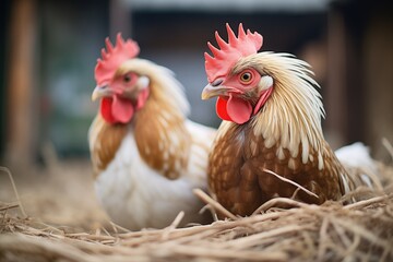 two hens cluck near a pile of hay