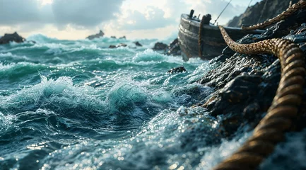 Zelfklevend Fotobehang A pulling rope from a sailing ship on shore © Leifur