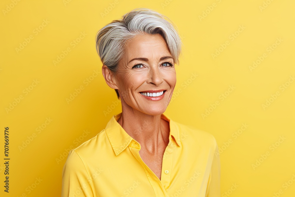 Wall mural Portrait of smiling senior woman looking at camera over yellow background.